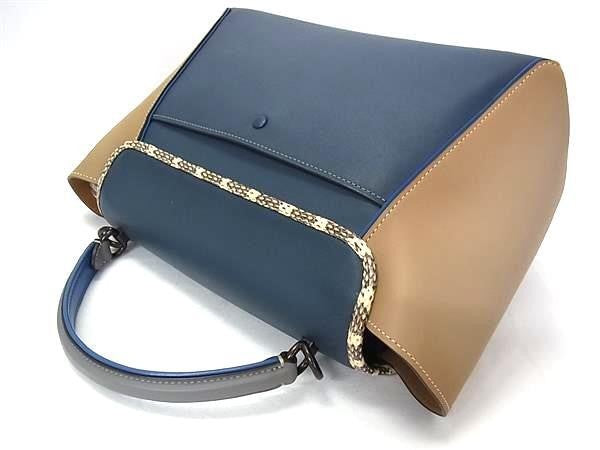 COACH コーチ ハンドバック クーリエ キャリーオール 701 ブルー系×ベージュ系 レザー×パイソン レディース 2WAY ショルダーバッグ 美品