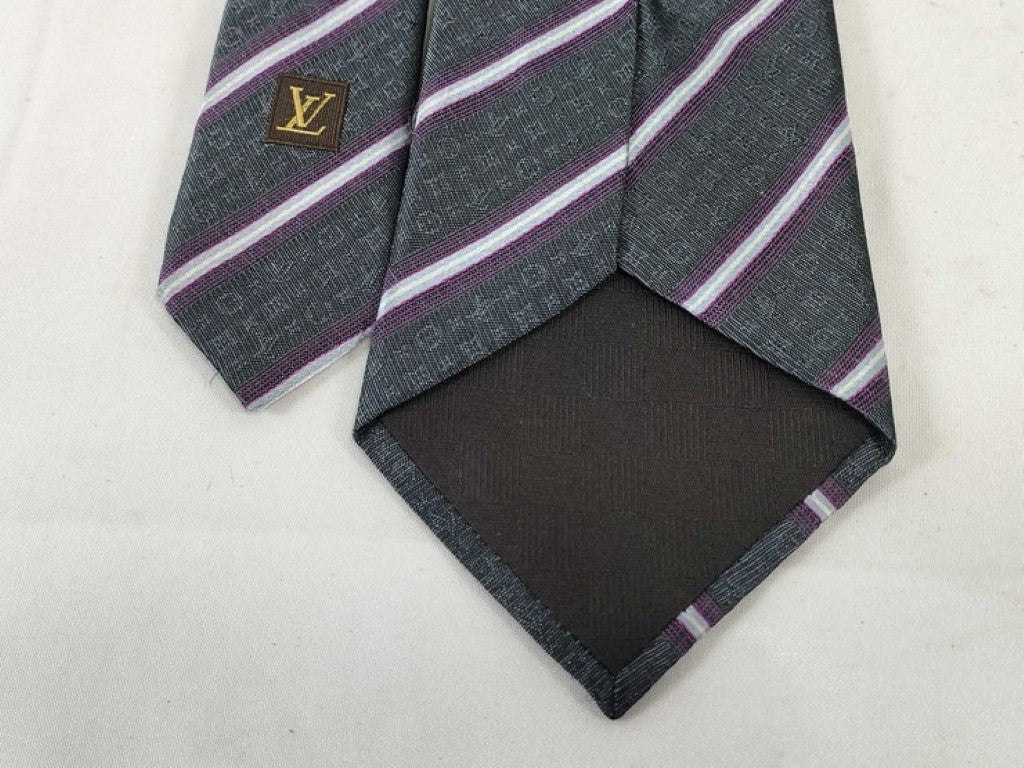 LOUIS VUITTON ルイヴィトン ネクタイ グレー パープル系 シルク メンズ ストライプ 美品