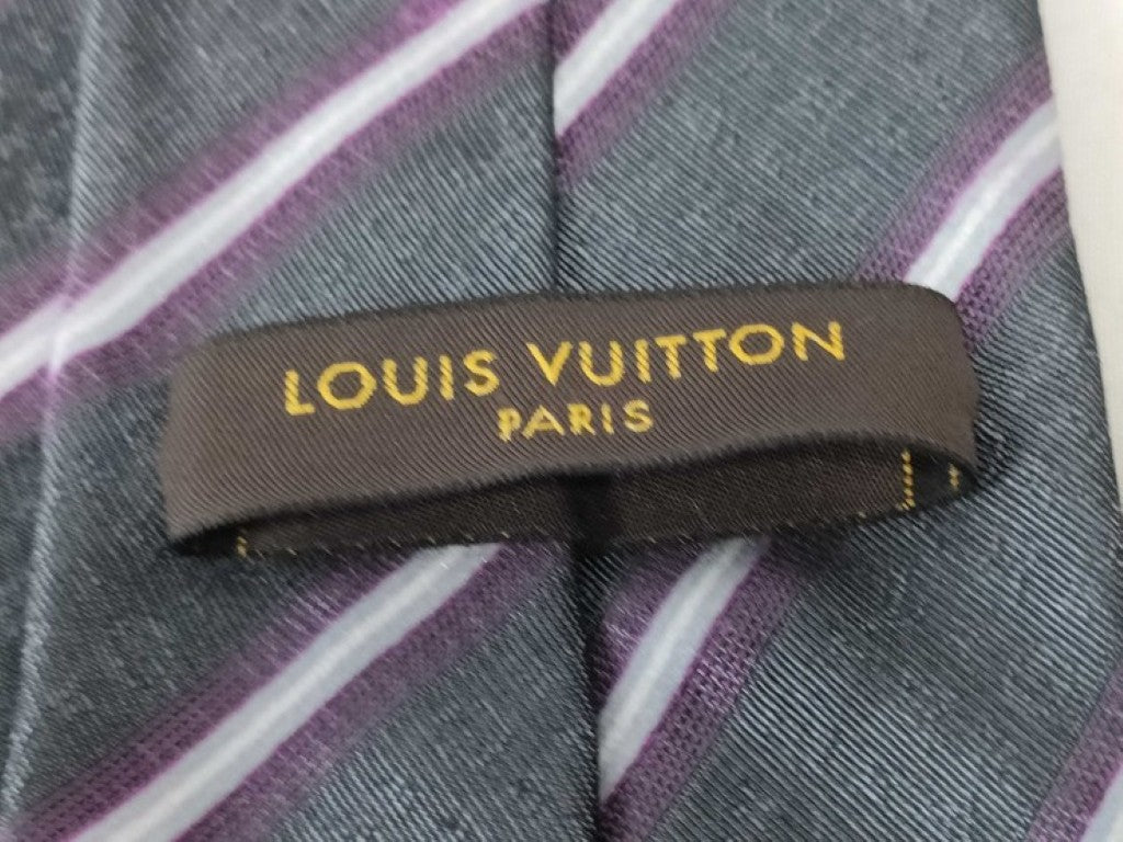 LOUIS VUITTON ルイヴィトン ネクタイ グレー パープル系 シルク メンズ ストライプ 美品