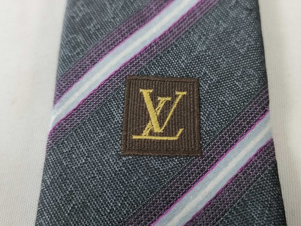 LOUIS VUITTON ルイヴィトン ネクタイ グレー パープル系 シルク メンズ ストライプ 美品