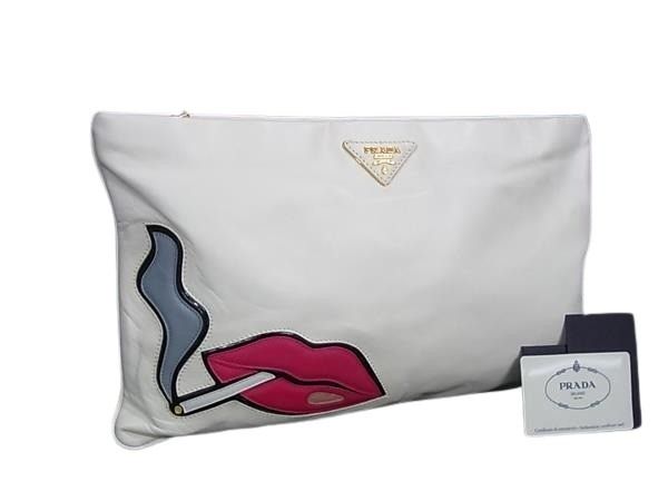 PRADA プラダ クラッチバッグ トライアングルロゴ BP521B ホワイト系 ピンク ナッパレザー ユニセックス リップ シガレット 三角ロゴマーク ゴールド金具 美品