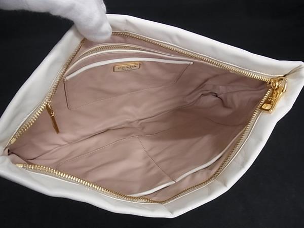 PRADA プラダ クラッチバッグ トライアングルロゴ BP521B ホワイト系 ピンク ナッパレザー ユニセックス リップ シガレット 三角ロゴマーク ゴールド金具 美品