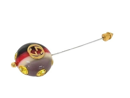 GUCCI グッチ ブローチ トリコロール ウェブ レジン ピンブローチ マルチカラー系 レジン メタル ユニセックス ゴールド金具 インターロッキングG 美品