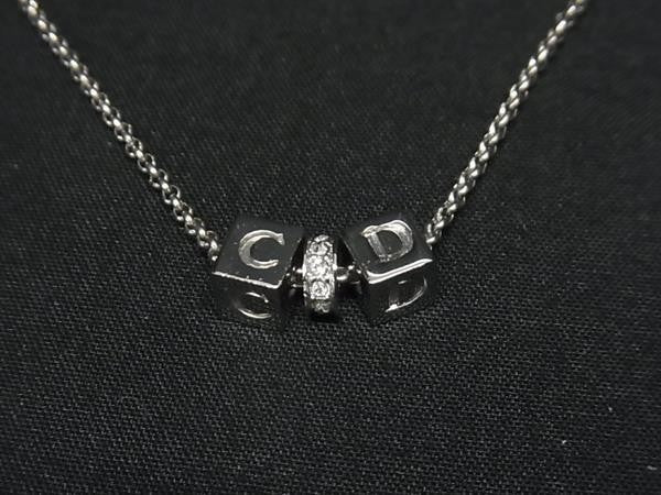 Christian Dior クリスチャンディオール ネックレス ロゴ キューブ シルバー系 メタル ラインストーン レディース 美品
