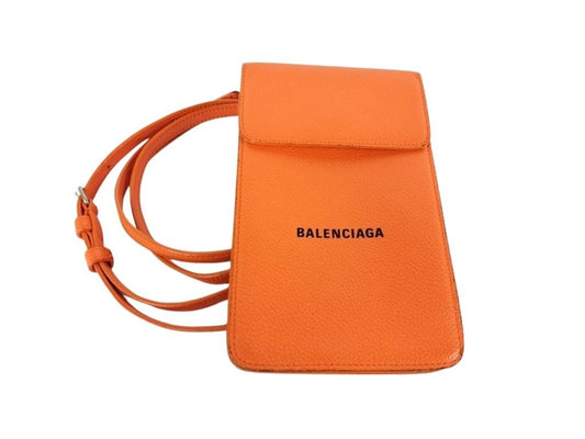 BALENCIAGA バレンシアガ フォンショルダー キャッシュ フォン カードホルダー 640536 オレンジ系 レザー レディース 美品