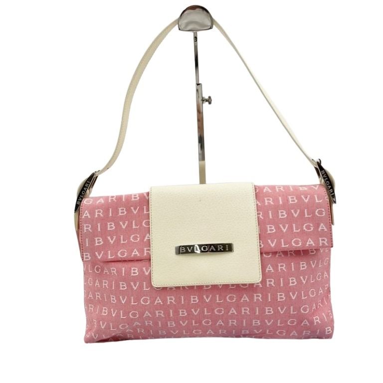 BVLGARI ブルガリ ショルダーバッグ ロゴマニア MAELEA ピンク ホワイト系 キャンバス レザー レディース シルバー金具 美品