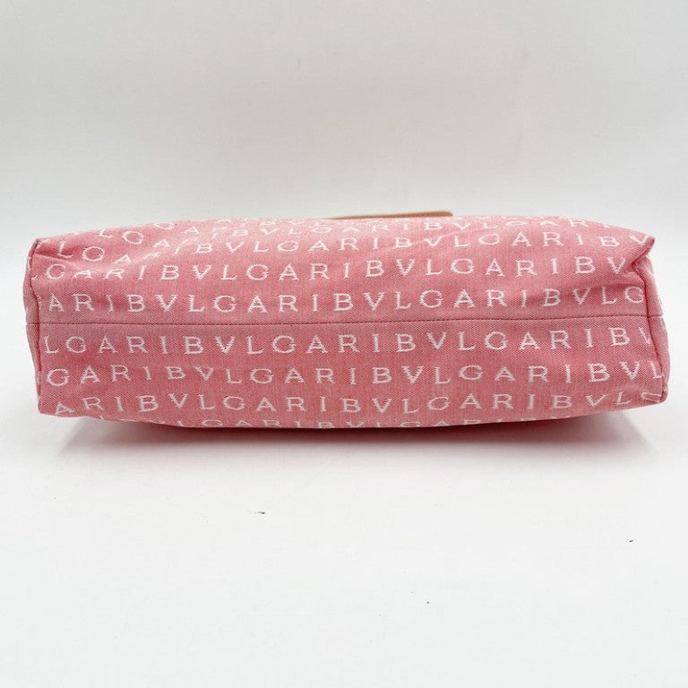 BVLGARI ブルガリ ショルダーバッグ ロゴマニア MAELEA ピンク ホワイト系 キャンバス レザー レディース シルバー金具 美品