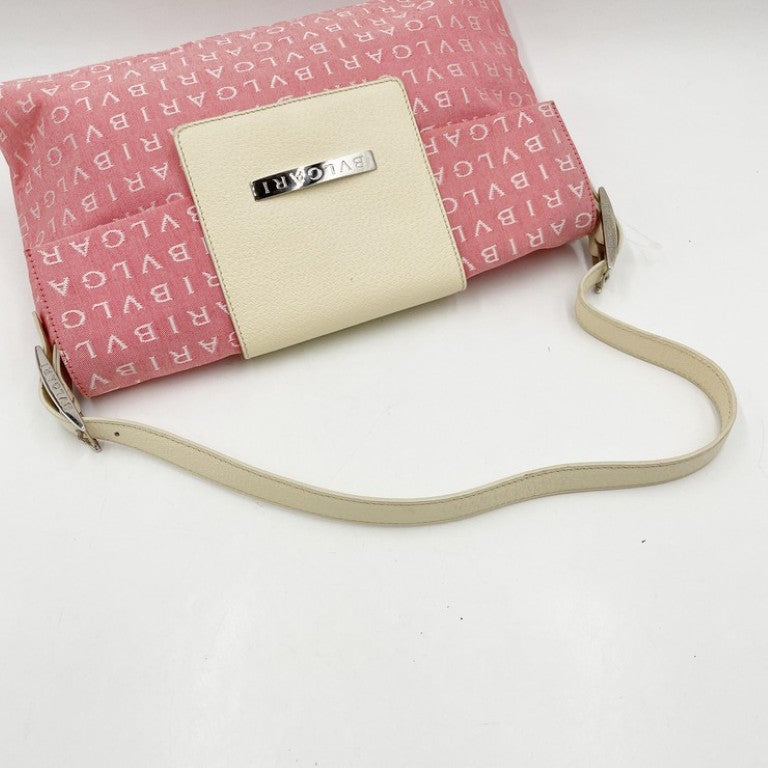 BVLGARI ブルガリ ショルダーバッグ ロゴマニア MAELEA ピンク ホワイト系 キャンバス レザー レディース シルバー金具 美品
