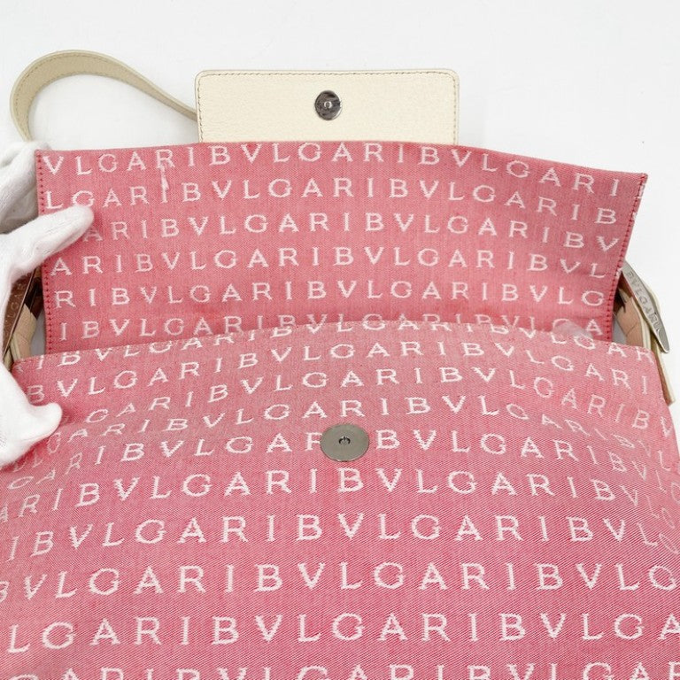 BVLGARI ブルガリ ショルダーバッグ ロゴマニア MAELEA ピンク ホワイト系 キャンバス レザー レディース シルバー金具 美品
