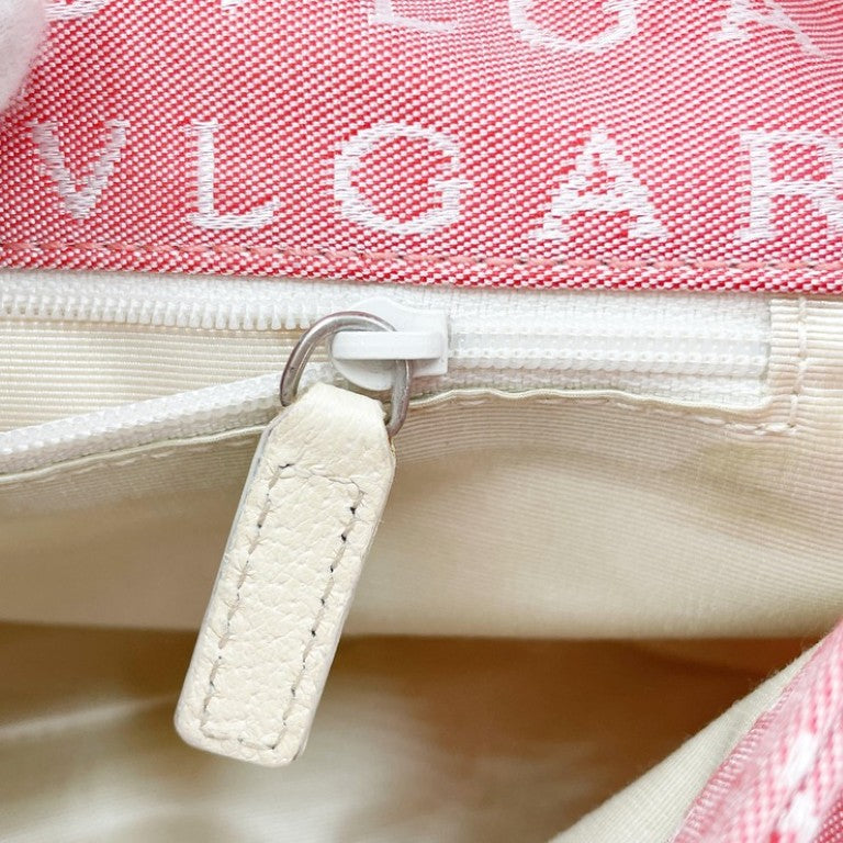 BVLGARI ブルガリ ショルダーバッグ ロゴマニア MAELEA ピンク ホワイト系 キャンバス レザー レディース シルバー金具 美品