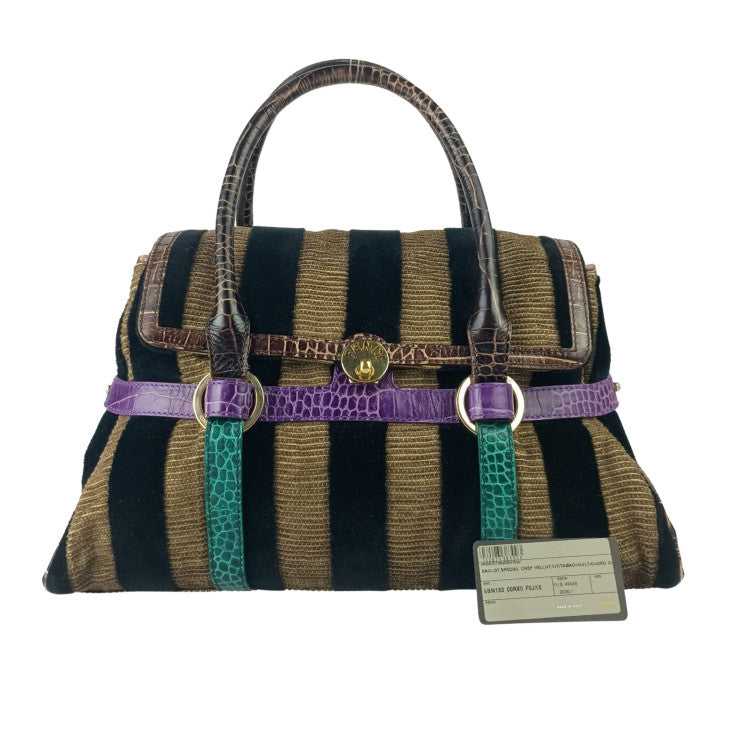FENDI フェンディ ハンドバッグ BAULOT SPECIAL CHEF ボーロット スペシャル シェフ 8BN152 ブラウン系 ブラック パープル グリーン ベロア 型押しカーフレザー レディース ストライプ ゴールド金具 ボストンバッグ 美品