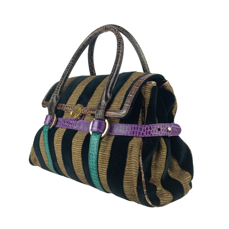 FENDI フェンディ ハンドバッグ BAULOT SPECIAL CHEF ボーロット スペシャル シェフ 8BN152 ブラウン系 ブラック パープル グリーン ベロア 型押しカーフレザー レディース ストライプ ゴールド金具 ボストンバッグ 美品