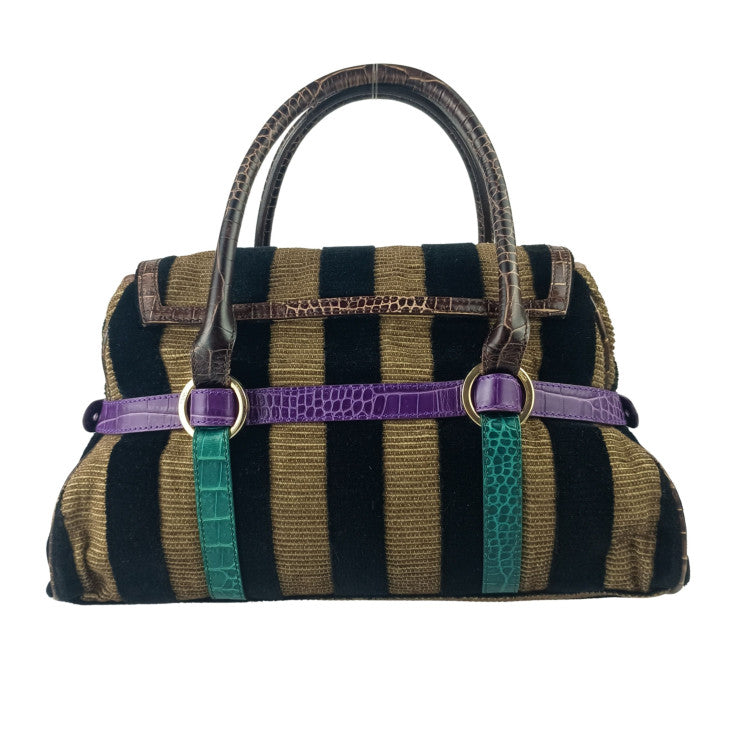 FENDI フェンディ ハンドバッグ BAULOT SPECIAL CHEF ボーロット スペシャル シェフ 8BN152 ブラウン系 ブラック パープル グリーン ベロア 型押しカーフレザー レディース ストライプ ゴールド金具 ボストンバッグ 美品