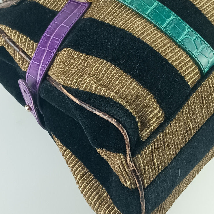 FENDI フェンディ ハンドバッグ BAULOT SPECIAL CHEF ボーロット スペシャル シェフ 8BN152 ブラウン系 ブラック パープル グリーン ベロア 型押しカーフレザー レディース ストライプ ゴールド金具 ボストンバッグ 美品