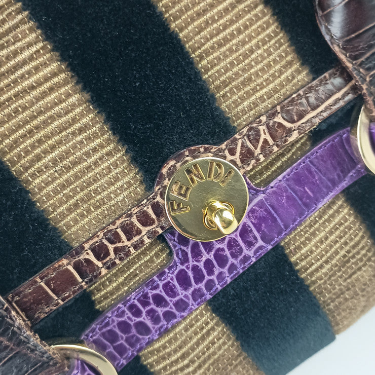 FENDI フェンディ ハンドバッグ BAULOT SPECIAL CHEF ボーロット スペシャル シェフ 8BN152 ブラウン系 ブラック パープル グリーン ベロア 型押しカーフレザー レディース ストライプ ゴールド金具 ボストンバッグ 美品