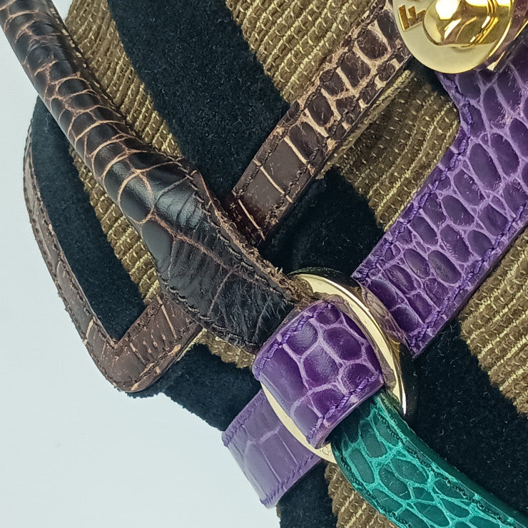 FENDI フェンディ ハンドバッグ BAULOT SPECIAL CHEF ボーロット スペシャル シェフ 8BN152 ブラウン系 ブラック パープル グリーン ベロア 型押しカーフレザー レディース ストライプ ゴールド金具 ボストンバッグ 美品