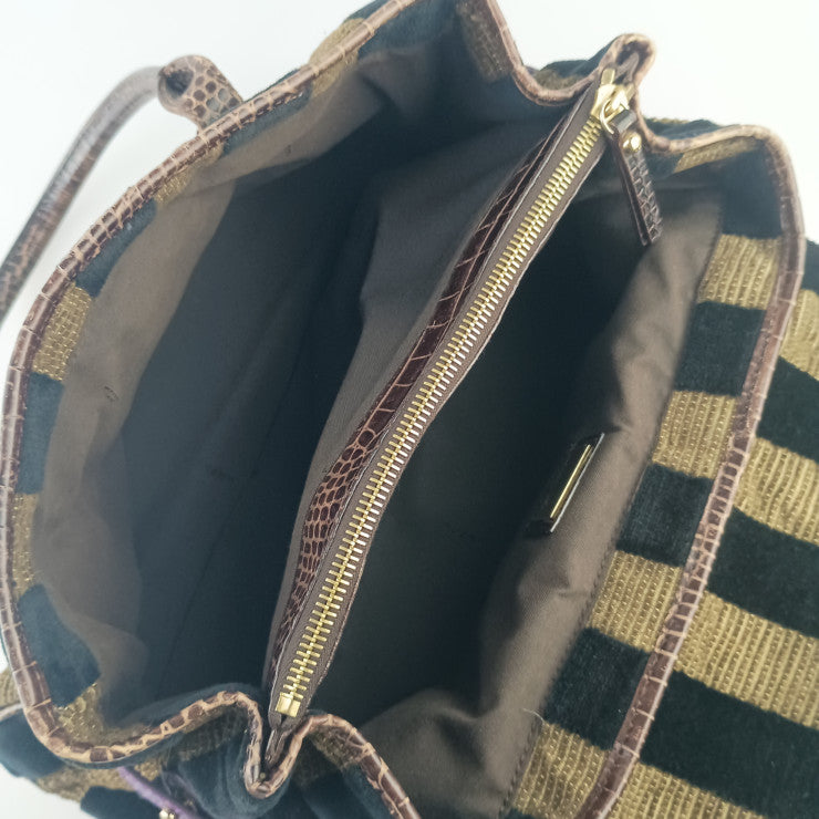 FENDI フェンディ ハンドバッグ BAULOT SPECIAL CHEF ボーロット スペシャル シェフ 8BN152 ブラウン系 ブラック パープル グリーン ベロア 型押しカーフレザー レディース ストライプ ゴールド金具 ボストンバッグ 美品