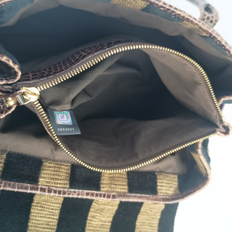 FENDI フェンディ ハンドバッグ BAULOT SPECIAL CHEF ボーロット スペシャル シェフ 8BN152 ブラウン系 ブラック パープル グリーン ベロア 型押しカーフレザー レディース ストライプ ゴールド金具 ボストンバッグ 美品