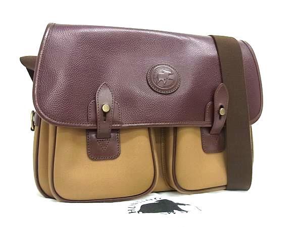 HUNTING WORLD ハンティングワールド ショルダーバッグ メッセンジャー キャリーオール カーキ ボルドー レザー キャンバス メンズ 美品