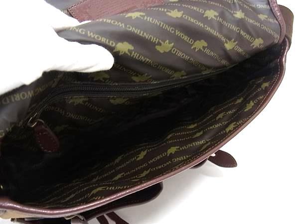 HUNTING WORLD ハンティングワールド ショルダーバッグ メッセンジャー キャリーオール カーキ ボルドー レザー キャンバス メンズ 美品