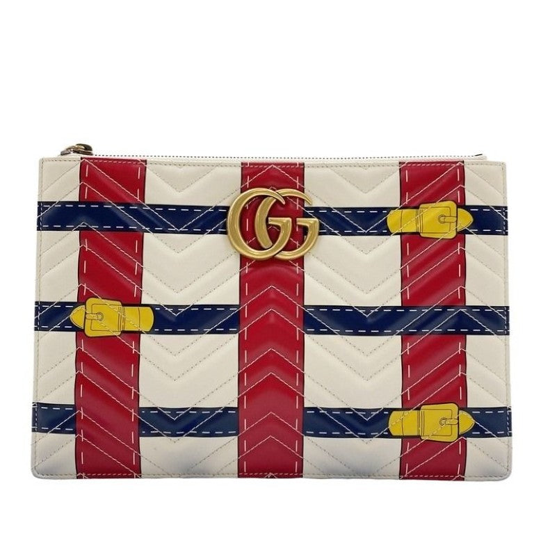 GUCCI グッチ クラッチバッグ GGマーモント 466489 アイボリー レッド ネイビー系 レザー ユニセックス ベルトモチーフ ゴールド金具 美品