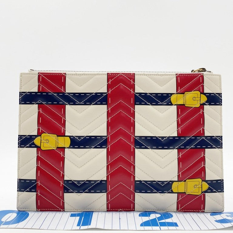 GUCCI グッチ クラッチバッグ GGマーモント 466489 アイボリー レッド ネイビー系 レザー ユニセックス ベルトモチーフ ゴールド金具 美品