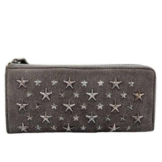 JIMMY CHOO ジミーチュウ 長財布 カーキ系 レザー ユニセックス L字ファスナー スタースタッズ 美品