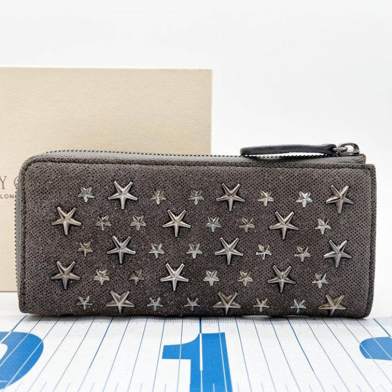 JIMMY CHOO ジミーチュウ 長財布 カーキ系 レザー ユニセックス L字ファスナー スタースタッズ 美品