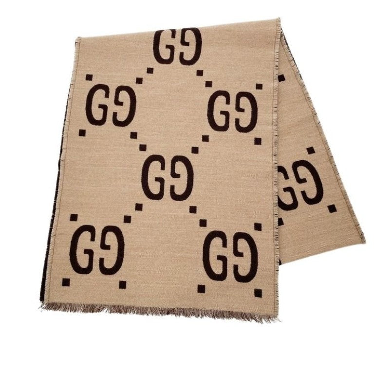 GUCCI グッチ スカーフ マフラー GGジャカード 495592 ブラウン ベージュ系 ウール 91%、シルク 9% ユニセックス 超美品
