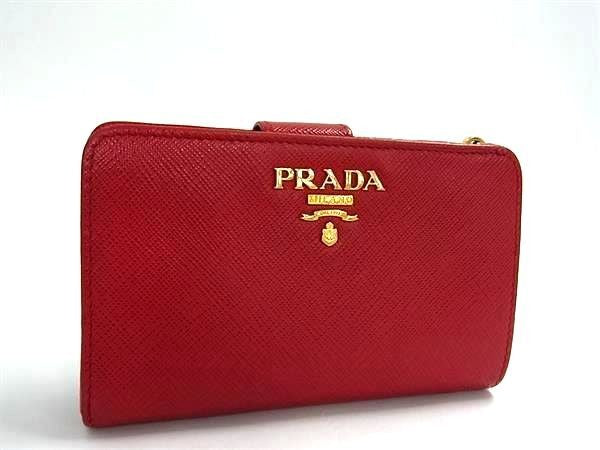 PRADA プラダ 二つ折り 財布 1ML225 レッド系 サフィアーノレザー レディース L字ファスナー ゴールド金具 美品