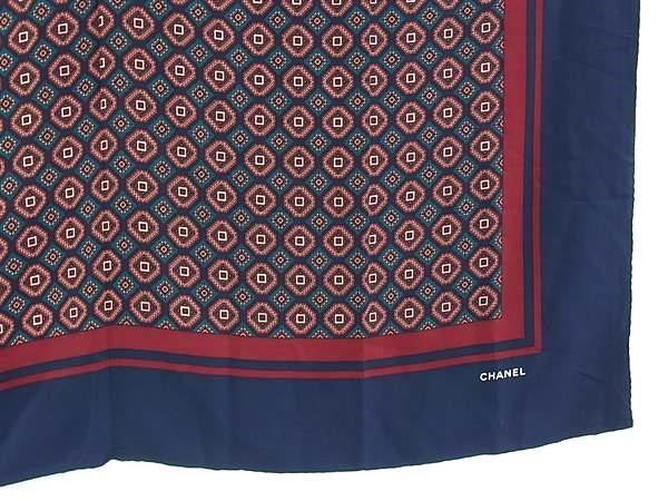 CHANEL シャネル ストール ネイビー系×マルチカラー シルク100% レディース 大判 幾何学柄 ショール 美品