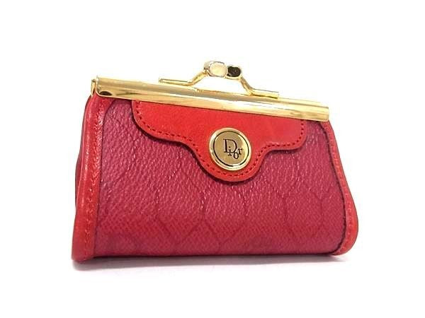 ChristianDior クリスチャンディオール コインケース ハニカム柄 レッド系×ゴールド系 レザー レディース がま口 ゴールド金具 美品