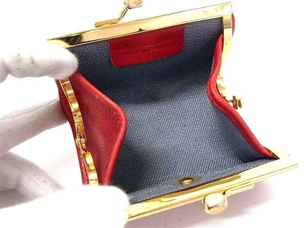 ChristianDior クリスチャンディオール コインケース ハニカム柄 レッド系×ゴールド系 レザー レディース がま口 ゴールド金具 美品