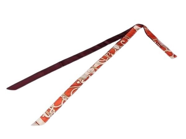 HERMES エルメス リボンスカーフ ツイロン レッド系×マルチカラー シルク100% レディース 総柄 銀座限定 超美品