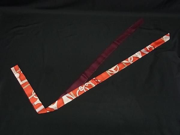 HERMES エルメス リボンスカーフ ツイロン レッド系×マルチカラー シルク100% レディース 総柄 銀座限定 超美品