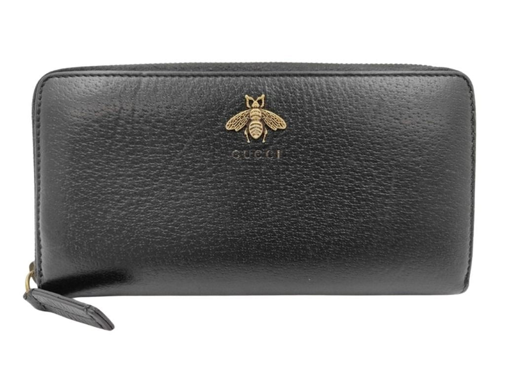 GUCCI グッチ 長財布 アニマリエ 523667 ブラック系 レザー ユニセックス ラウンドファスナー ゴールド金具 美品