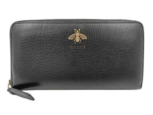 GUCCI グッチ 長財布 アニマリエ 523667 ブラック系 レザー ユニセックス ラウンドファスナー ゴールド金具 美品