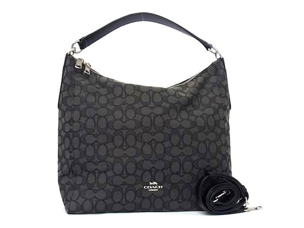 美品 COACH コーチ ショルダーバッグ シグネチャー F58327 グレー ブラック キャンバス レザー レディース 2WAY