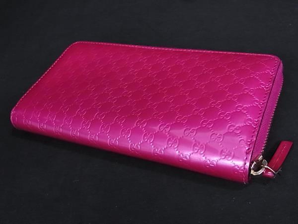 美品 GUCCI グッチ 長財布 シャイニー マイクログッチシマ ジップアラウンドウォレット 307997 ピンクパープル系 ゴールド金具 パテントレザー レディース