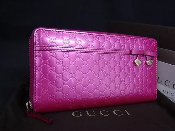 美品 GUCCI グッチ 長財布 シャイニー マイクログッチシマ ジップアラウンドウォレット 307997 ピンクパープル系 ゴールド金具 パテントレザー レディース