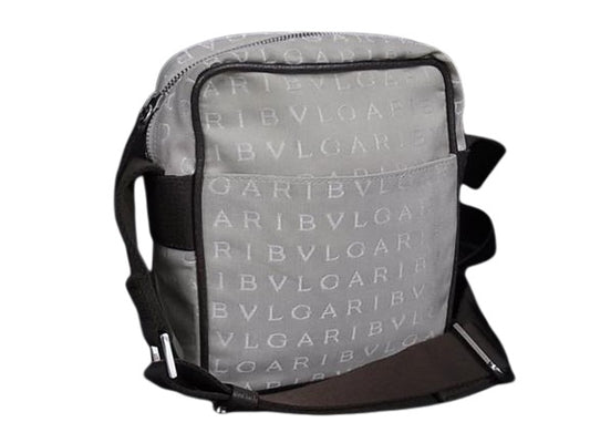 美品 BVLGARI ブルガリ ショルダーバッグ ロゴマニア クロスボディバッグ 22653 ベージュ ブラウン シルバー金具 キャンバス レザー レディース ポシェット