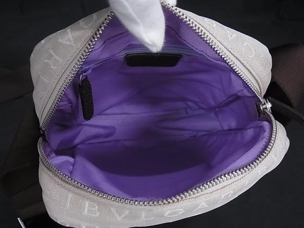 美品 BVLGARI ブルガリ ショルダーバッグ ロゴマニア クロスボディバッグ 22653 ベージュ ブラウン シルバー金具 キャンバス レザー レディース ポシェット