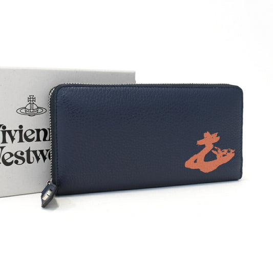 新品未使用展示品 Vivienne Westwood ヴィヴィアン ウエストウッド 長財布 MELIH メリー ラウンドジップウォレット 51050022 ネイビー オレンジ シルバー金具 レザー ユニセックス