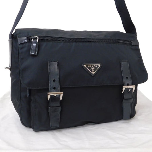 超美品 PRADA プラダ ショルダーバッグ メッセンジャーバッグ BT6671 ブラック シルバー金具 ナイロン レザー ユニセックス 三角ロゴプレート