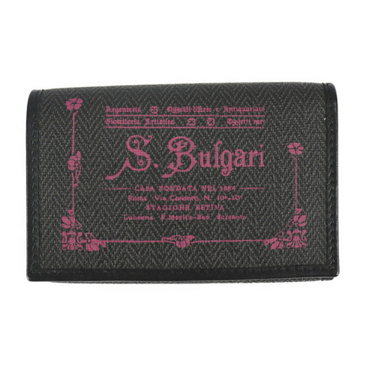 美品 BVLGARI ブルガリ コレツィオーネ キーケース 32439 PVCコーティングキャンバス レザー グレー ブラック ピンク シルバー金具 三つ折り 6連