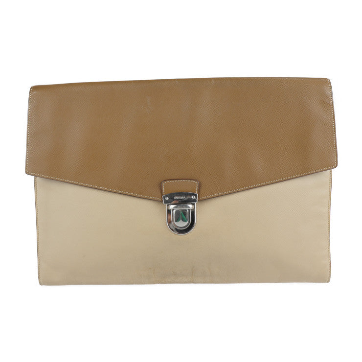 PRADA プラダ ポーチ クラッチバッグ VR0074 レザー ベージュ系 ブラウン シルバー金具 書類鞄 セカンドバッグ ビジネスバッグ フラップ