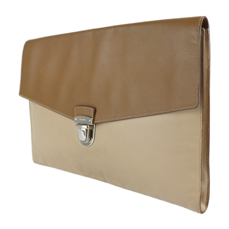 PRADA プラダ ポーチ クラッチバッグ VR0074 レザー ベージュ系 ブラウン シルバー金具 書類鞄 セカンドバッグ ビジネスバッグ フラップ