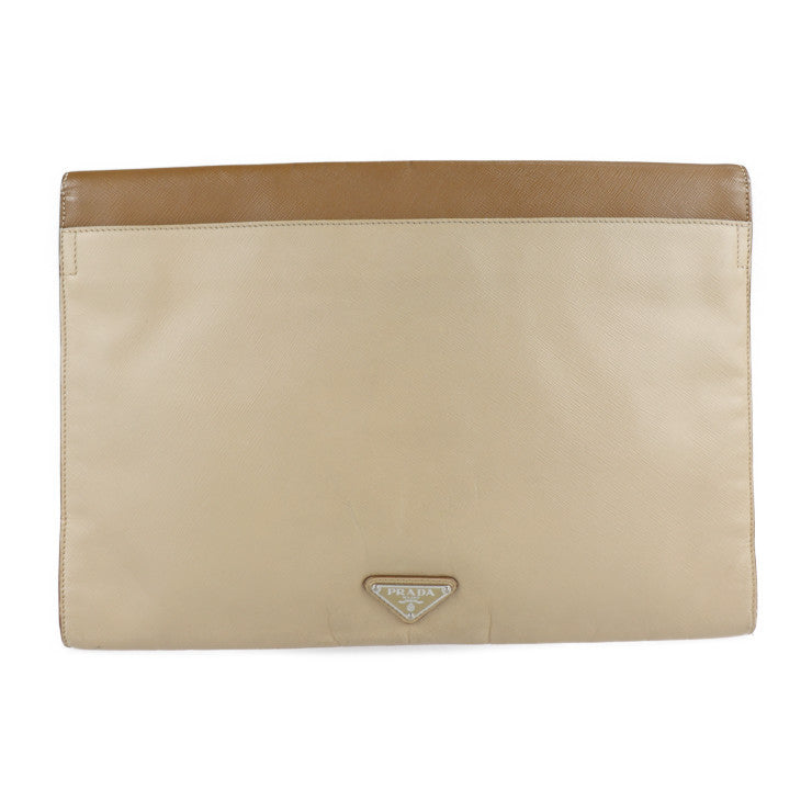 PRADA プラダ ポーチ クラッチバッグ VR0074 レザー ベージュ系 ブラウン シルバー金具 書類鞄 セカンドバッグ ビジネスバッグ フラップ