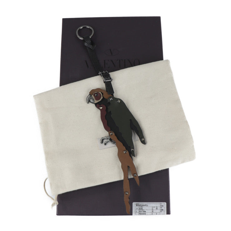 超美品 Valentino Garavani ヴァレンティノ ガラヴァーニ バッグチャーム キーホルダー MY0P0684PZJ レザー メタル ブラック カーキ ブラウン系 ガンメタリック ボルドー オウム 鳥 アニマル キーリング