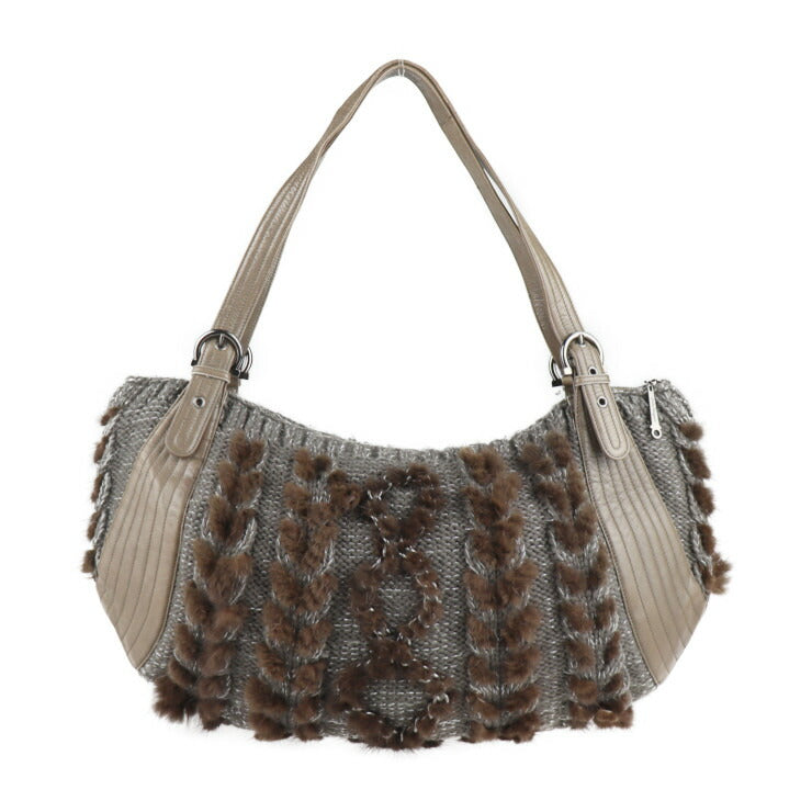 美品 Salvatore Ferragamo サルヴァトーレ フェラガモ ガンチーニ ハンドバッグ 21 6956 ニット×ファー×レザー グレー ブラウン オリーブドラブ系 ショルダーバッグ トートバッグ ショッピングバッグ